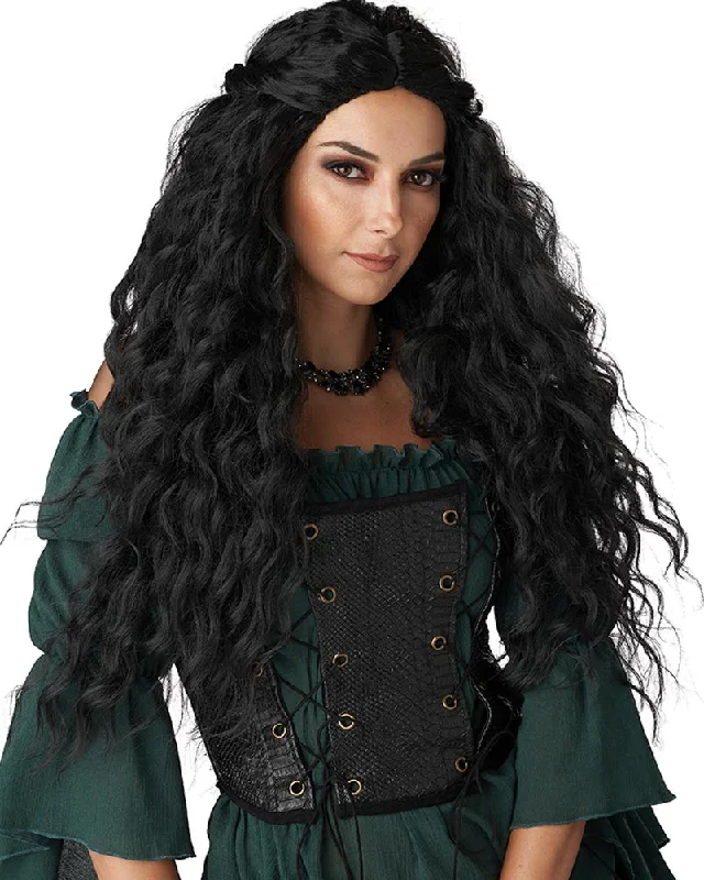 Curly wig for young vibes-Renaissance Maiden Long Black Wig