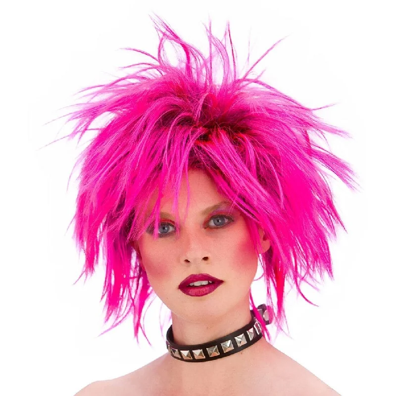 Short black wig with plush flair-Short Pink Punk Rocker Wig 1980s Fancy Dress Halloween