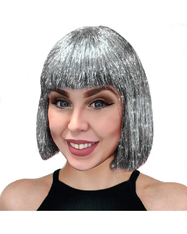 Medium length wig with bold flair-Sparkle Nation Silver Tinsel Bob Wig