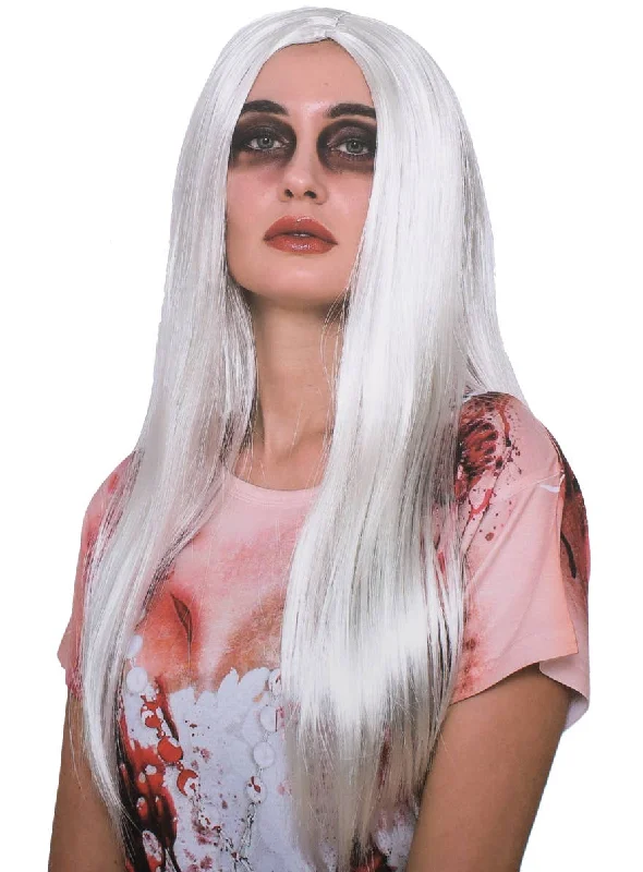 Short gray wig with vivid flair-Long Straight Silver Womens Halloween Costume Wig