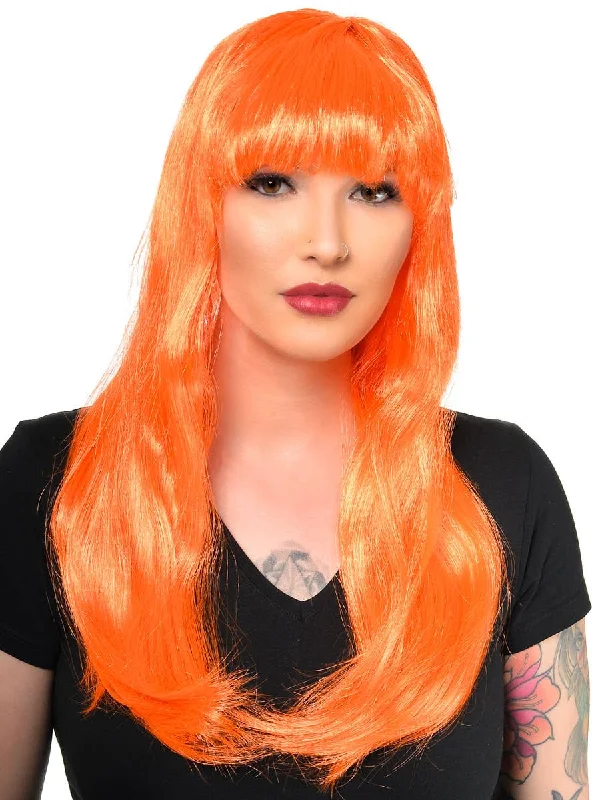 Medium length wig with bold shine-Glamour Neon Orange Straight Costume Wig with Fringe