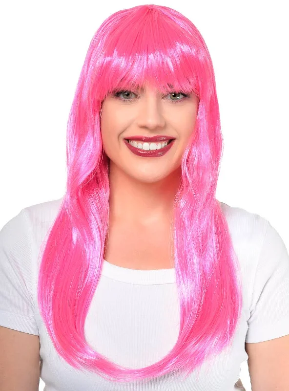 Wig for funky flair-Glamour Neon Pink Straight Costume Wig with Fringe