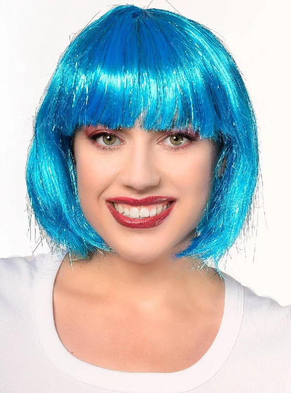 Wig for sleek flair-Short Blue Bob Womens Costume Wig with Tinsel