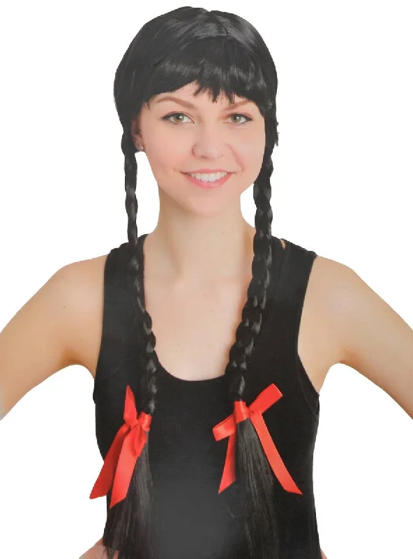 Blonde curly wig with bold flair-Long Black Plaited Womens Costume Wig with Fringe