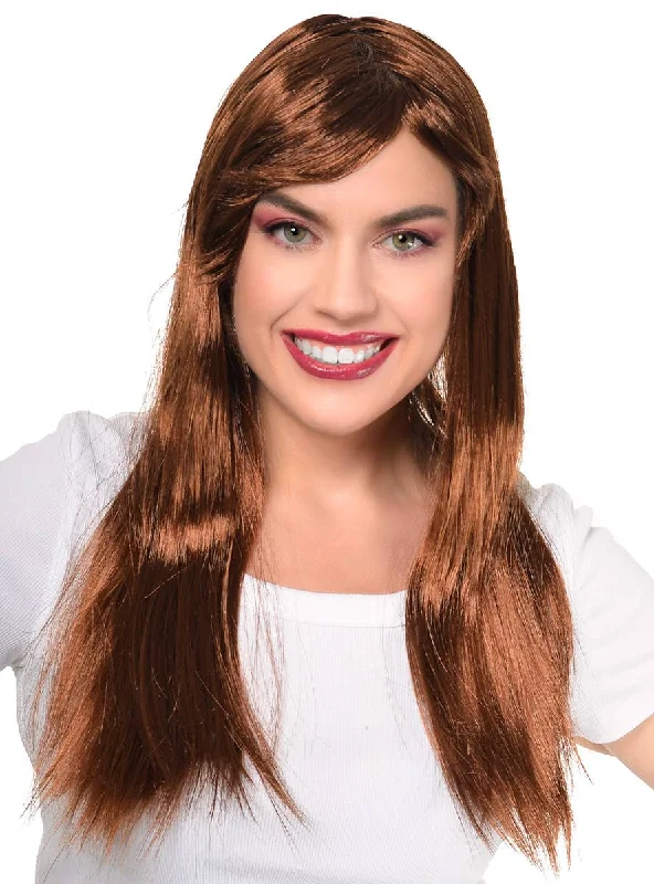 Long black wig with vivid flair-Long Brown Womens Economy Costume Wig