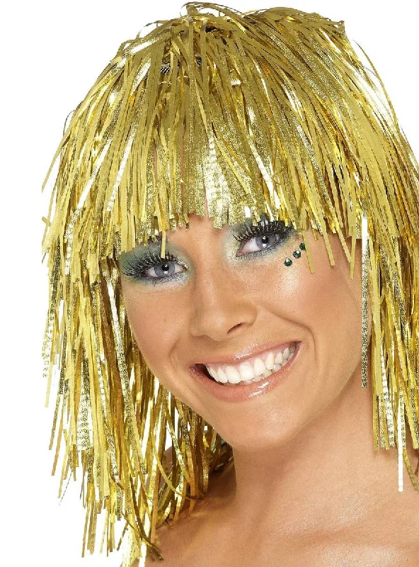 Wig for plush flair-Metallic Gold Tinsel Womens Costume Wig