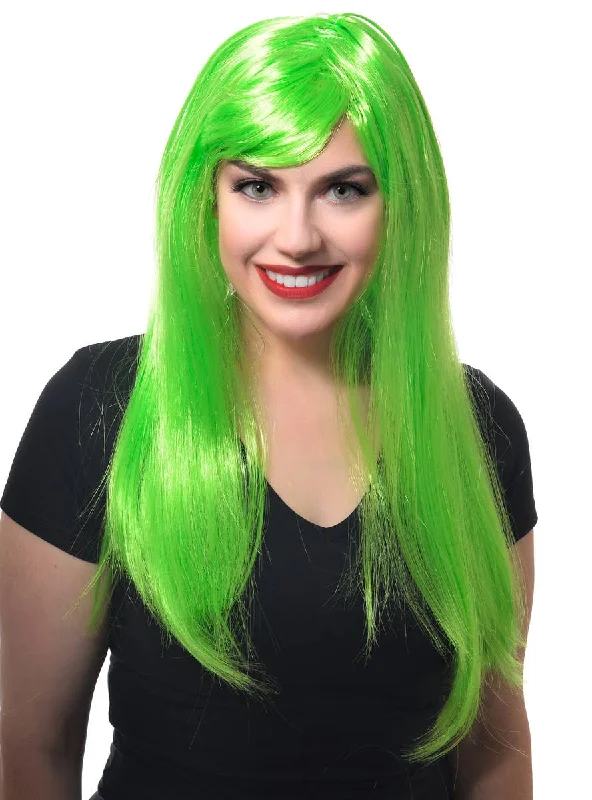 Wig for bold flair-Long Womens Straight Neon Green Costume Wig with Fringe