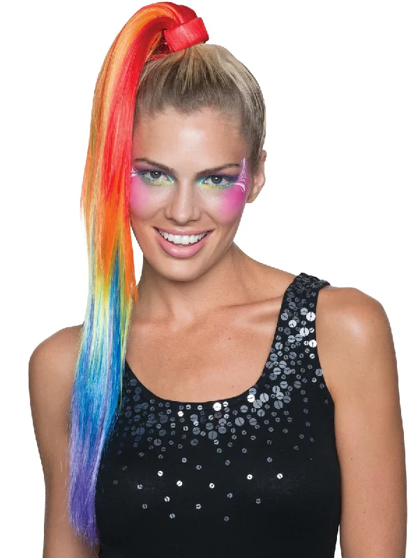 Long blonde wig with bold flair-Extra Long Womens Rainbow Clip in Ponytail Costume Wig