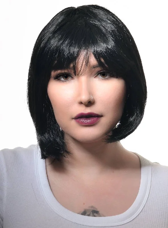 Wig for neat flair-Short Womens Black Bob Costume Wig with Fringe