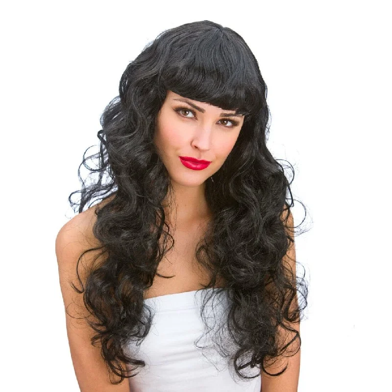 Medium wavy wig with plush flair-Womens Black Foxy Long Curly Wig Halloween Party Accessory