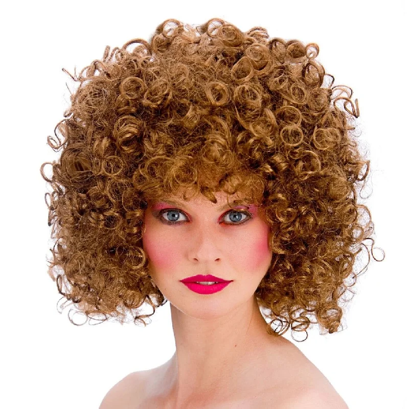 Long red wig with plush flair-Womens Brown 80s Disco Short Curly Halloween Wig Accessory