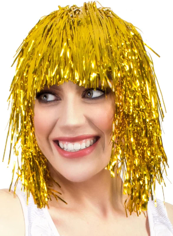 Synthetic wig for party flair-Fun Gold Tinsel Adults Costume Wig