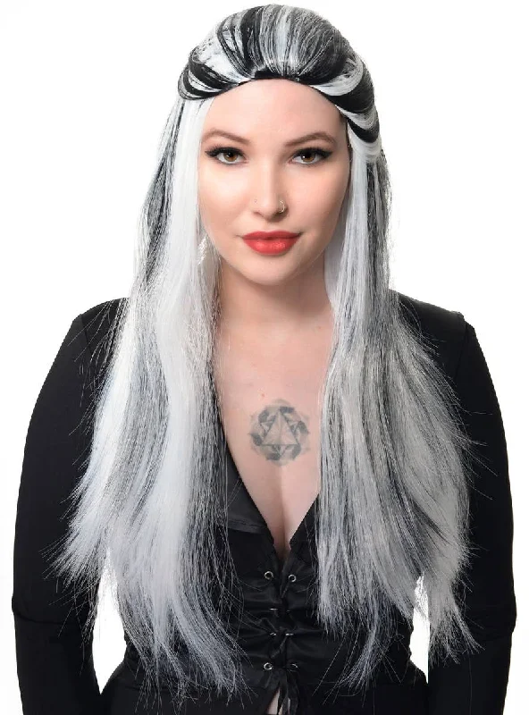 Medium length wig with vivid flair-Long White Womens Costume Wig With Black Streaks