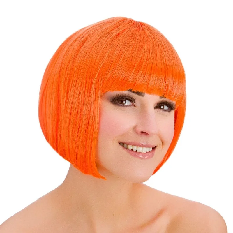 Short red wig with tight flair-Womens Neon Orange Diva Short Wig Halloween Party Accessory