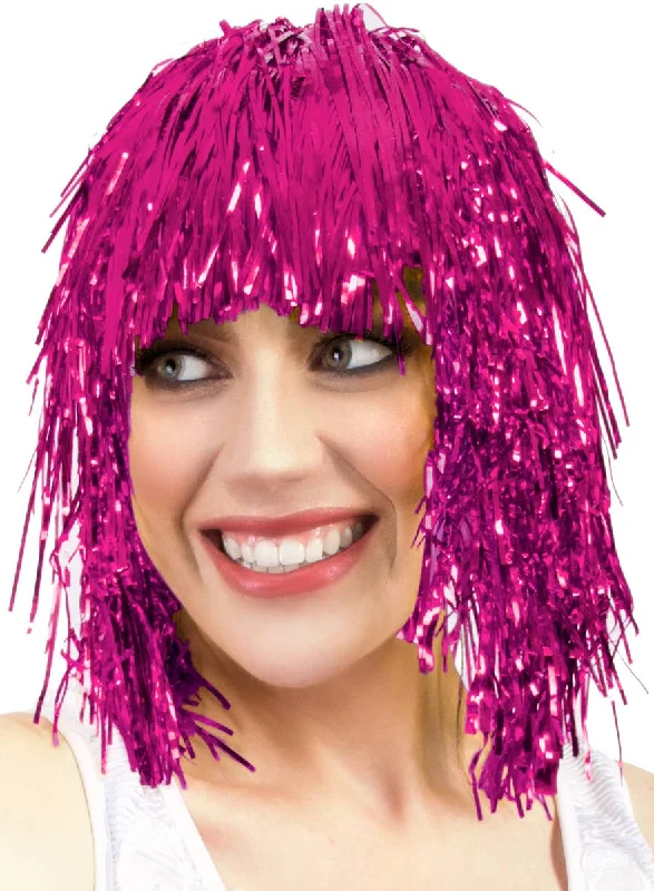 Wig for airy texture-Fun Fuchsia Pink Tinsel Adults Costume Wig