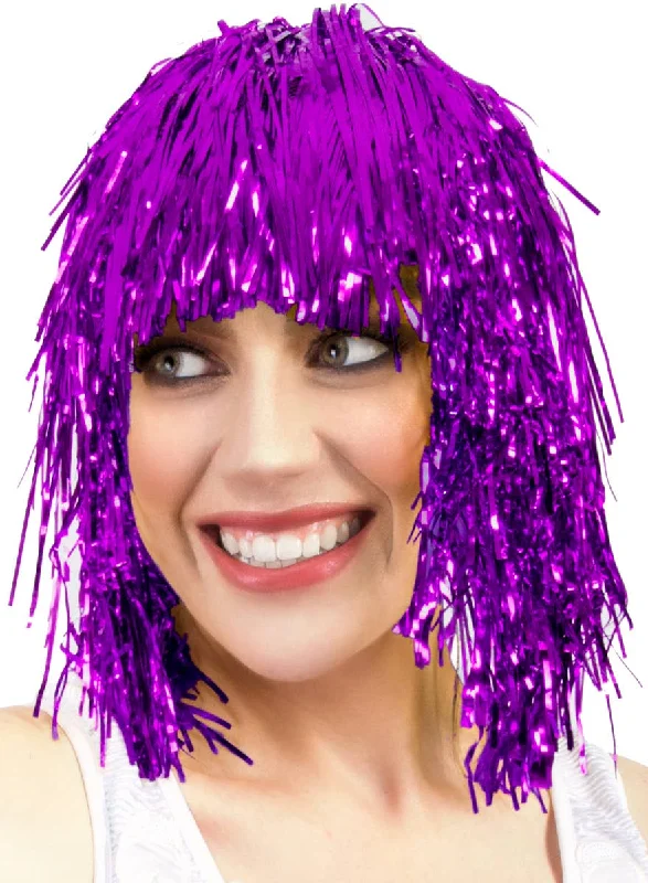 Short red wig with bold texture-Fun Purple Tinsel Adults Costume Wig