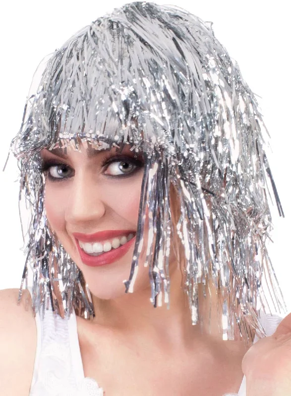 Wig for gentle flair-Fun Silver Tinsel Adults Costume Wig