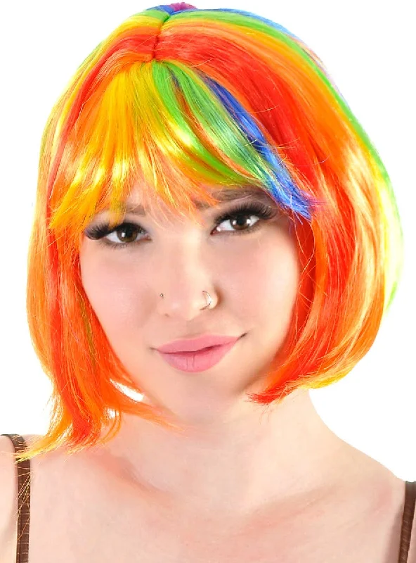 Wig for playful flair-Short Rainbow Streaked Womens Bob Costume Wig