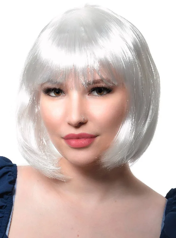 Wig for bold flair-Short White Womens Bob Costume Wig with Fringe