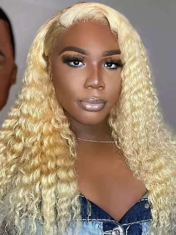 real person hair ring coastal band-CurlyMe 613 Blonde Kinky Curly Human Hair Wigs 13x4 Lace Front Wigs