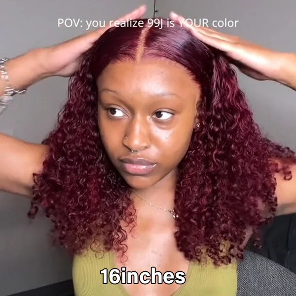 real person hair ring fun ring-99J Burgundy Color Kinky Curly Human Virgin Hair Undectedable 13x4 4X4 Lace Front Wigs