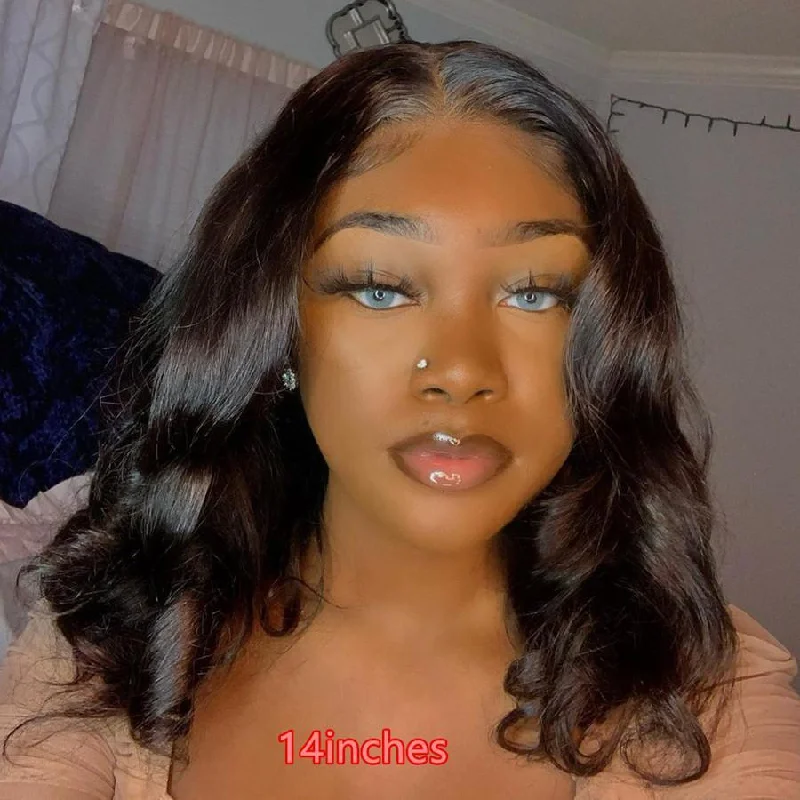 real person hair ring intense band-Bob Wigs Thick Body Wave Human Hair 4x4 13x4 13x6 Lace Frontal Wigs Natural Black