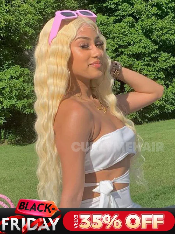 real person hair ring vibrant ring-CurlyMe 613 Blonde Human Hair Wig Body Wave Lace Front Wigs Pre Plucked