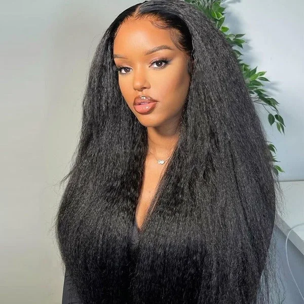 real person hair ring high-end band-Kinky Straight Wig Preplucked 13x4 HD Lace Front Wigs Natural Black Brazilian Virgin Human Hair