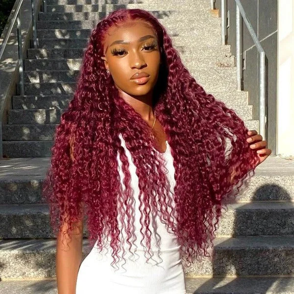 real person hair ring glowing band-Burgundy 99J Color Deep Wave Lace Frontal and Closure Wig Pre Plucked Human Hair Wig On Sale