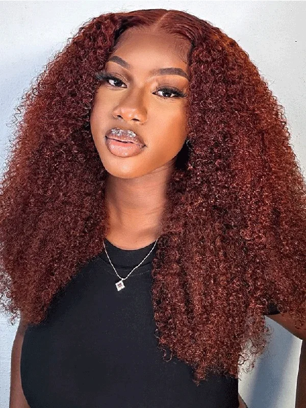 real person hair ring flannel detail-CurlyMe Reddish Brown Color Kinky Curly Lace Front Wigs Human Hair Pre Plucked