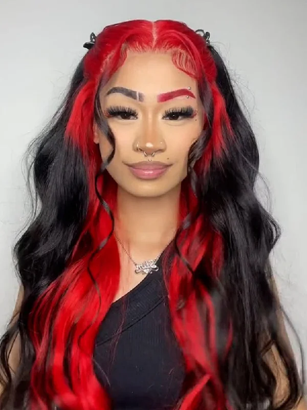 real person hair ring traveler band-CurlyMe Natural Black Hair With Demon Red Top Lace Front Wigs Straight Human Hair