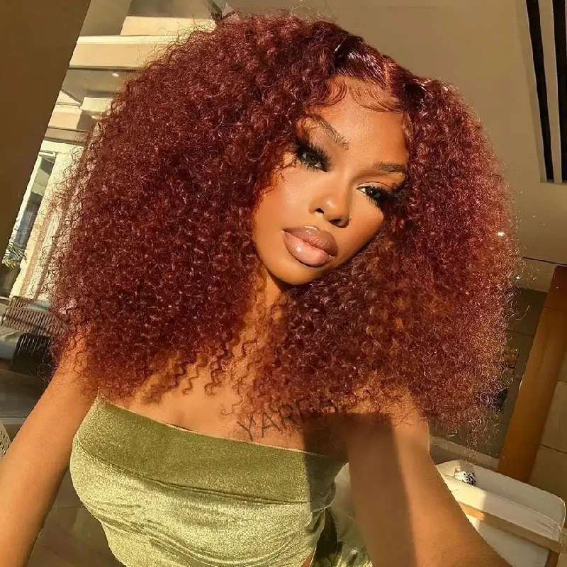 real person hair ring dramatic craft-Hot Star 180% Density 13x6 HD Transparent Lace Front 6x4 Glueless Curly Human Hair Wigs 33# Auburn Reddish Brown Colored Wigs