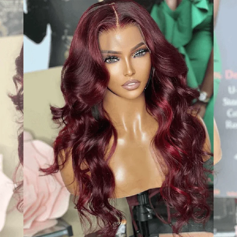 real person hair ring glowing craft-Hot Star Luxurious 210% Little Red Highlights 99J Colored Wigs 13x6 Lace Front Human Hair Wigs