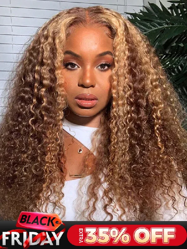 real person hair ring bold craft-CurlyMe Highlights Ombre Human Hair Wigs Kinky Curly Transparent Lace Wigs Pre plucked