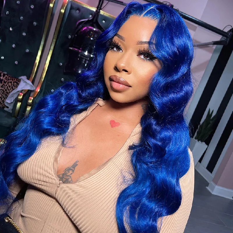 real person hair ring harvest band-Hot Star 210% Density Klein Blue Colored 13x4 13x6 HD Transparent Lace Front Human Hair Wigs