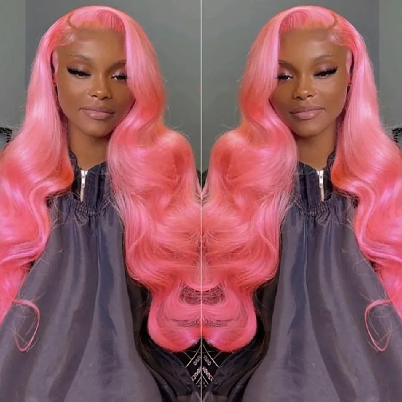 real person hair ring glowing band-Hot Star 210% Density Customized Colored Pink Wigs Human Hair HD Transparent 13x4 13x6 Lace Front Wigs Brazilian Body Wave