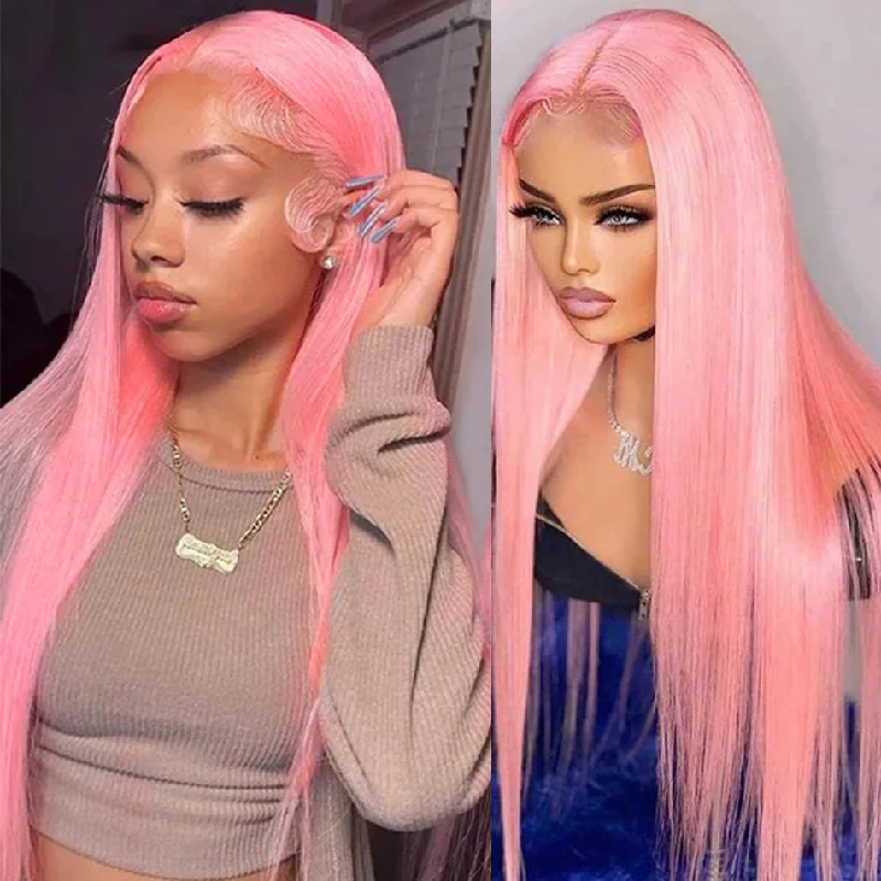 real person hair ring charming craft-Hot Star 210% Density Customized Colored Pink Wigs Human Hair Pre Plucked HD Transparent 13x4 13x6 Brazilian Straight Lace Front Wigs