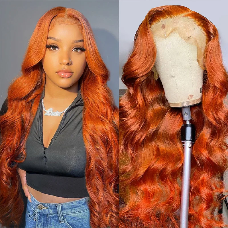 real person hair ring striking band-Hot Star Ginger Orange Colored 5x5 13x6 Lace Front Closure Wig 6x4 Glueless Ready To Wear Human Hair Wig