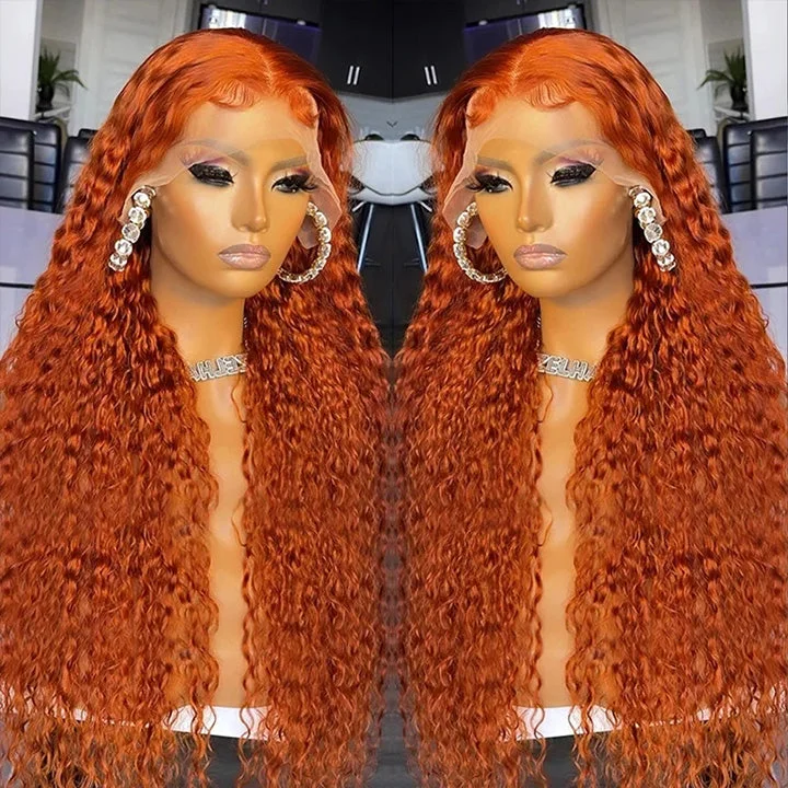 real person hair ring creative ring-Hot Star 180% Density Ginger Orange Colored 5x5 13x6 Lace Front Closure Wig 6x4 Ready To Go Water Wave Human Hair Wig