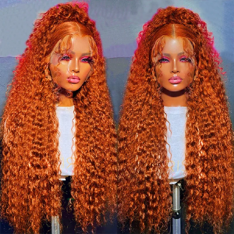 real person hair ring frosty band-Hot Star 180% Density Ginger Orange Colored HD Transparent 5x5 13x6 Lace Closure Front Wig 6x4 Glueless Ready To Go Deep Wave Human Hair Wig