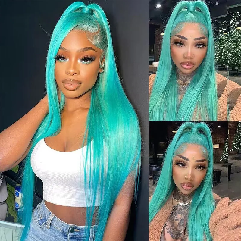 real person hair ring fur accent-Hot Star 210% Density Customized Mint Blue Colored HD Transparent 13x4 13x6 Lace Front Human Hair Wig Brazilian Straight Hair