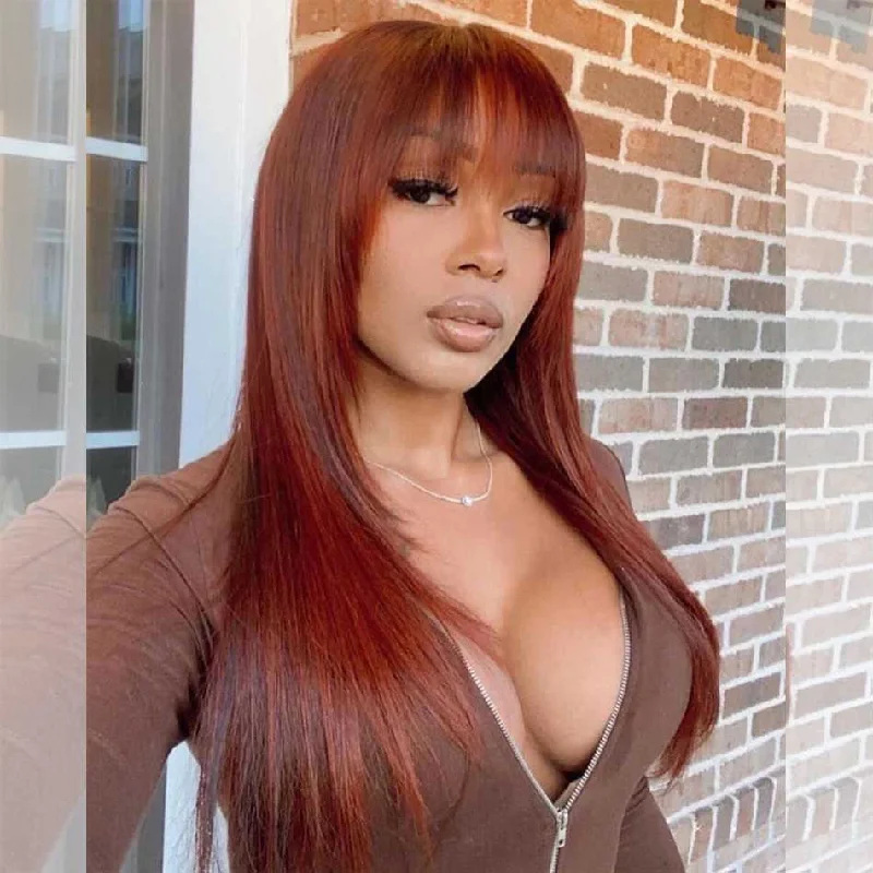 real person hair ring nomad band-Hot Star Reddish Brown Colored Layered Cut None Lace Glueless Straight Human Hair Wigs With Bang