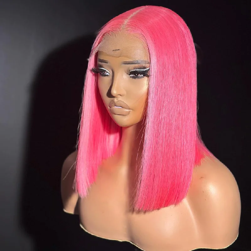 real person hair ring polished band-Hot Star 210% Density Pink Colored Short Bob HD Transparent Lace Front 13x4 13x6 Straight Human Hair Wigs