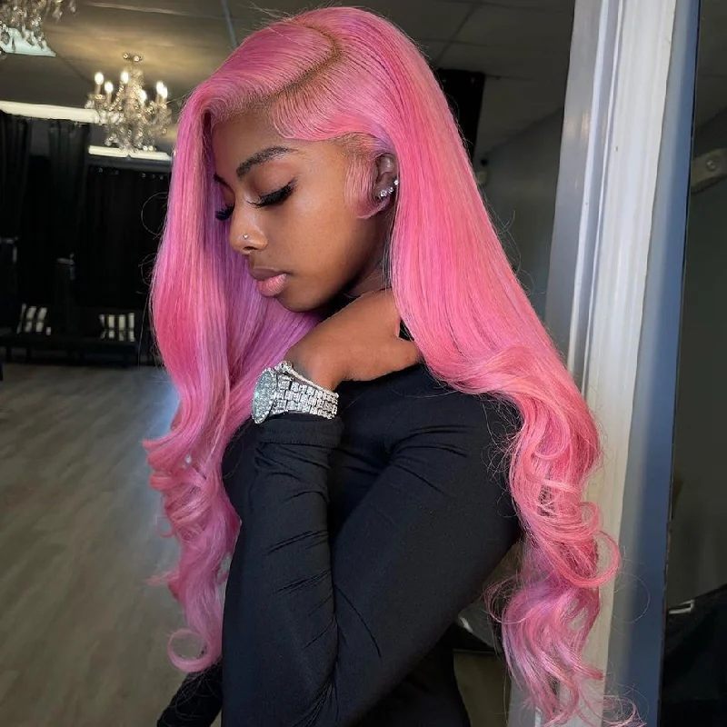 real person hair ring historic band-Hot Star 210% Density Special Customized Rose Pink Colored HD Transparent 13x4 13x6 Lace Front Human Hair Wigs