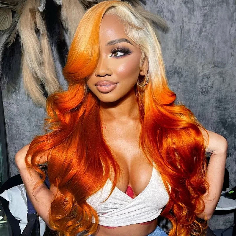 real person hair ring sophisticated detail-Hot Star 210% Density Ombre Blonde Orange Colored 13x4 13x6 Lace Front Human Hair Wigs Body Wave