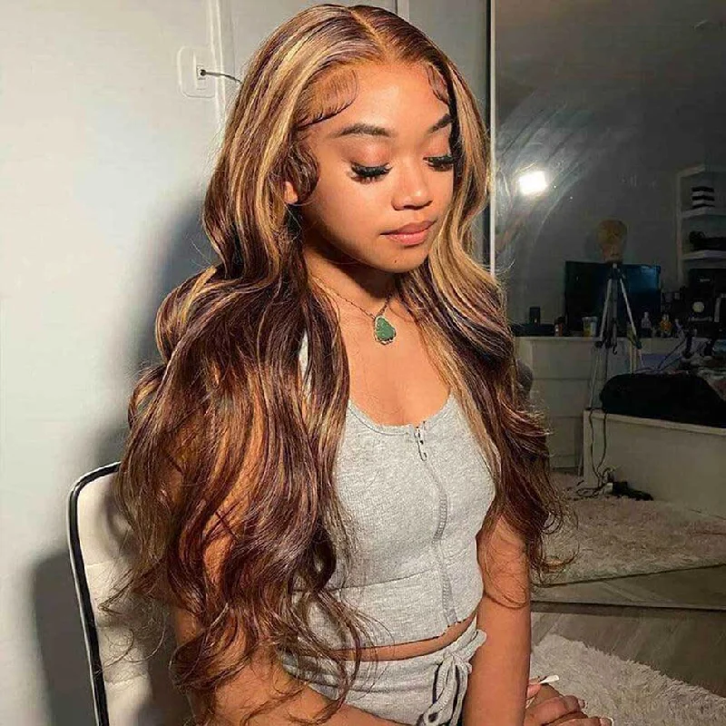 real person hair ring original detail-Hot Star 4/27# Highlight Colored 13x6 HD Transparent Lace Front Human Hair Wigs Brazilian Body Wave