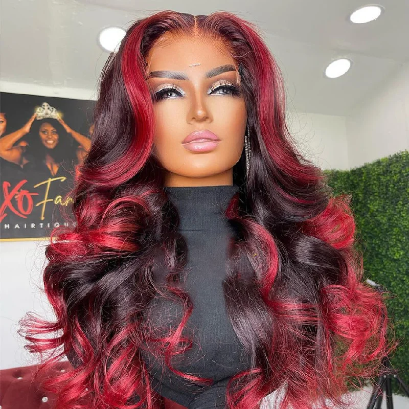 real person hair ring cool detail-Hot Star Ombre Red With Black Colored 5x5 13x6 Lace Front Closure Wig 4x6 Glueless Ready To Go Human Hair Wigs Body Wave