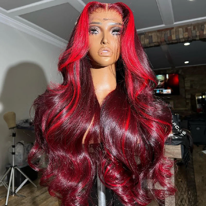 real person hair ring polished ring-Hot Star Highlight Burgundy With Red Colored 5x5 13x6 Lace Front Closure Wig 6x4 Glueless Ready To Go Human Hair Wigs