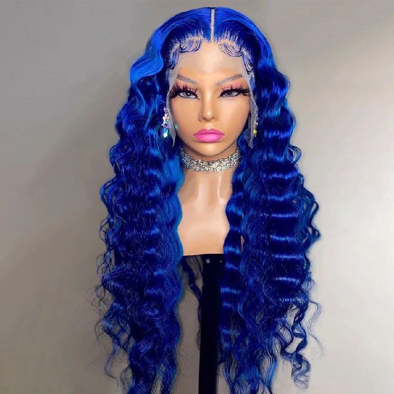 real person hair ring smooth craft-Hot Star  Klein Blue Colored 13x4 13x6 HD Transparent Lace Front Deep Wave Human Hair Wig