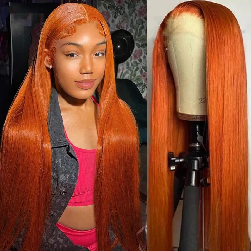 real person hair ring tailored band-Hot Star Ginger Orange Colored 5x5 13x6 Lace Front Closure Wig 6x4 Glueless Ready To Go Human Hair Wigs Brazilian Straight